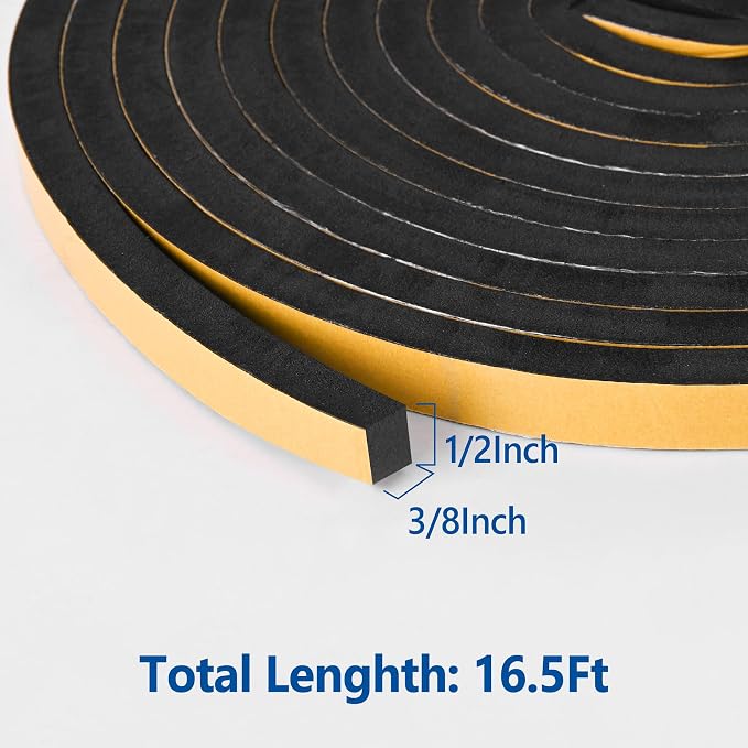 Self Adhesive Foam Tape Weatherstrip 1/2in x 3/8in x 16.5Ft High Density Foam - Image 2
