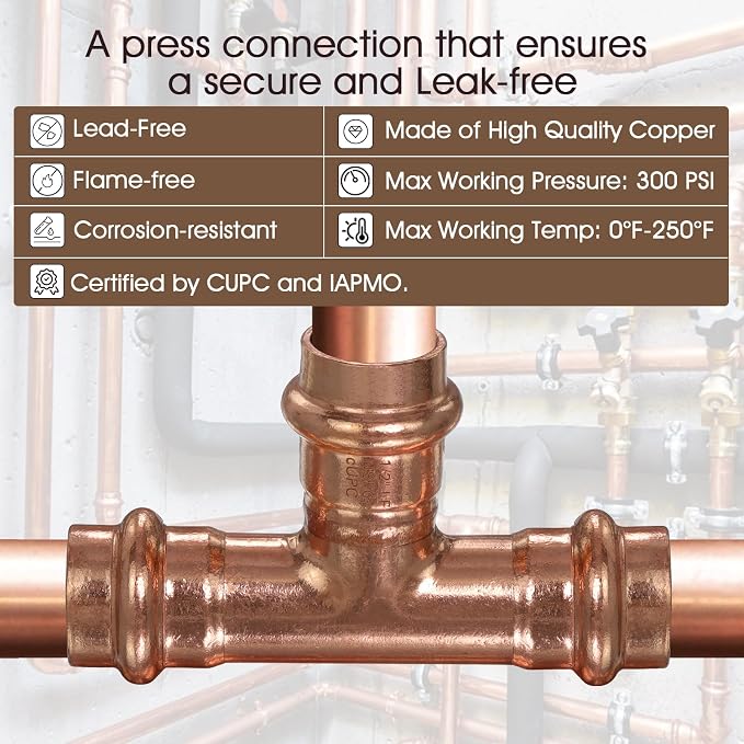 Copper Press Fittings 1/2 Inch Copper Press Tee Coupling 12PK, Zero Lead | - Image 3