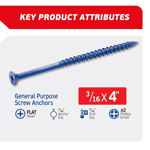 3/16 x 4 Countersunk Phillips Flat Head Blue Concrete Screw Anchors - Image 2