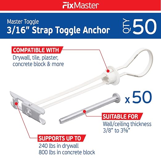 3/16" Heavy Duty Master Toggle-Bolt Strap Anchors w/ 50 Steel Threaded Studs - Image 2