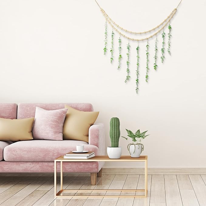Hanging Eucalyptus Boho Wall Decor Large Boho Bedroom Wall Hanging Wooden Bead - Image 4