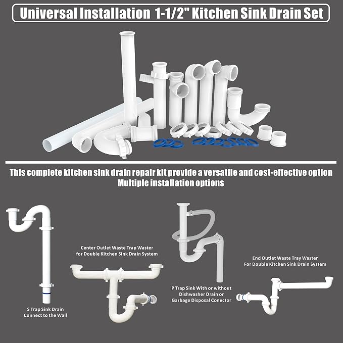 Kitchen Sink Drain Kit, 1-1/2" Sink Drain Plumbing Kit - Image 2