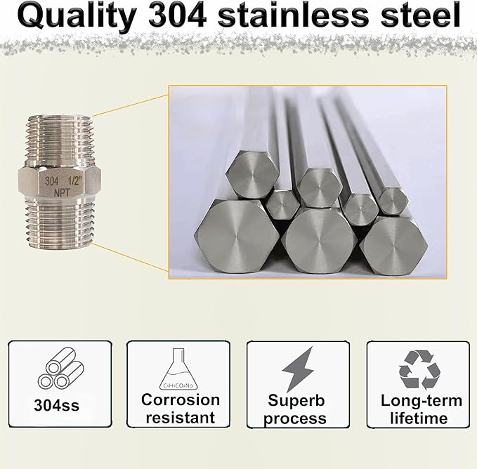 1/4" Male x 1/4" Male Hex Nipple Pipe Fittings, 304 Stainless Steel 1/4 inch - Image 7