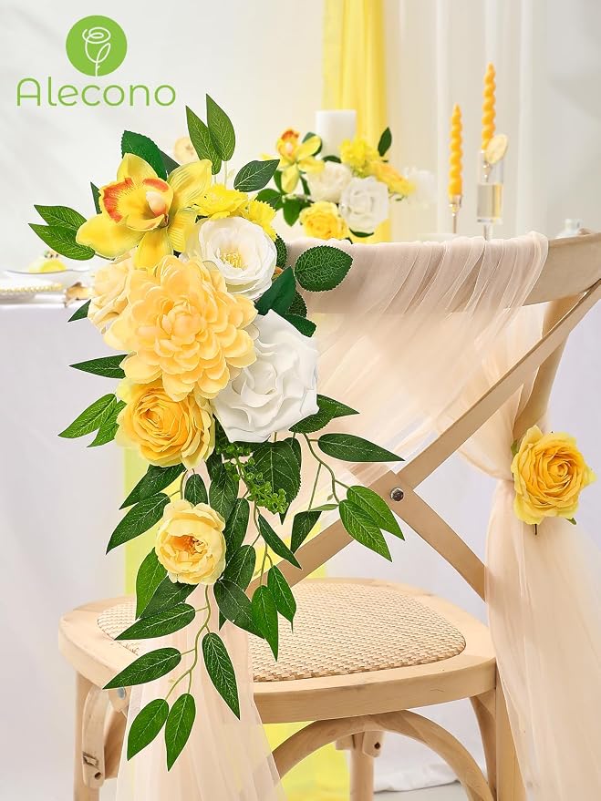 Alecono Yellow Artificial Flowers, Silk Fake Roses Floral Set | - Image 7