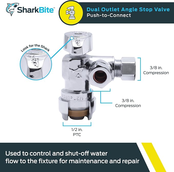 SharkBite 1/2 x 3/8 Inch Compression Dual Outlet Angle Stop Valve, Quarter Turn - Image 2