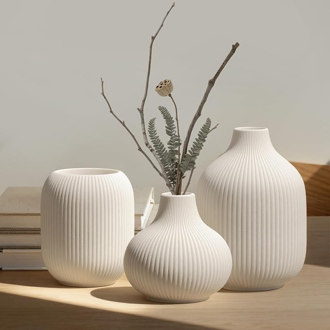 White Small Ceramic Vases Set of 3, Matte Vertical Ribbed, Minimalist - Image 8