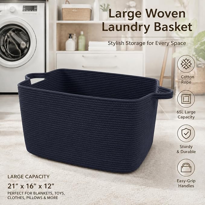 65L Large Laundry Basket with Handles, Woven Blanket Basket, Living Room - Image 5