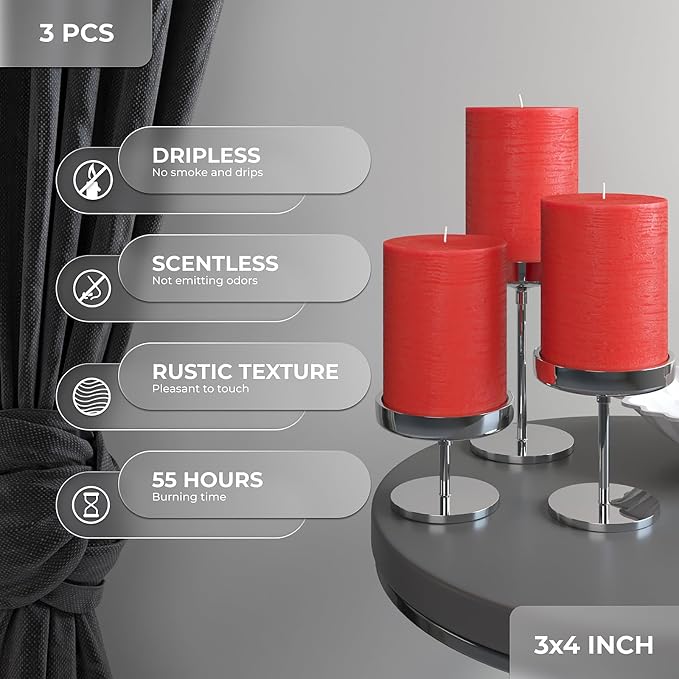 3x4 Inch Red Pillar Candles Set of 3 - Image 3