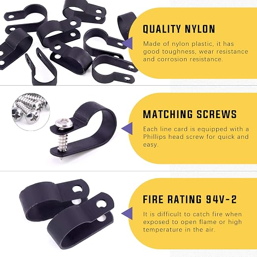 Swpeet 60 Pack Black 5/8 Inch Nylon Plastic R-Type Cable Clips Clamp Kit - Image 3