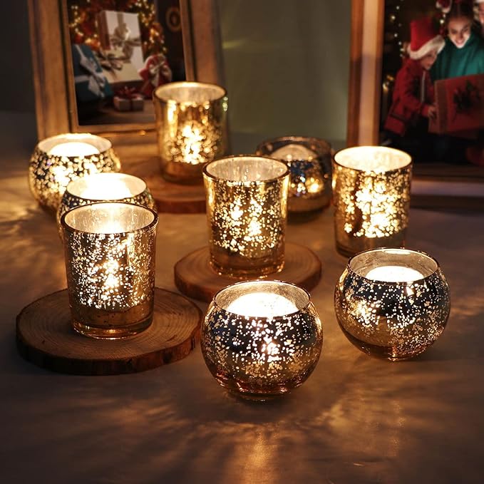 24 Pcs Assorted Gold Votive Candle Holders, Mercury Glass Tea Lights Holder | - Image 5