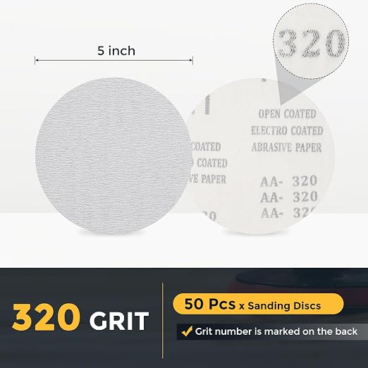 HARFINGTON 50 Pcs 5 Inch Sanding Disc 320 Grit White Aluminum Oxide | Hook and - Image 2