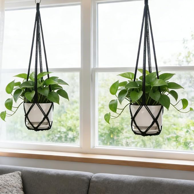 YIBOT Macrame Plant Hanger Indoor 35 Inch Hanging Planter Basket Black 2Pc | - Image 4