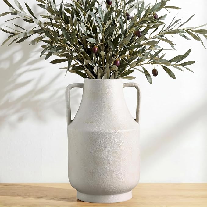 Ceramic Flower Vase with Handles, 11in Tall White Vases - Image 5