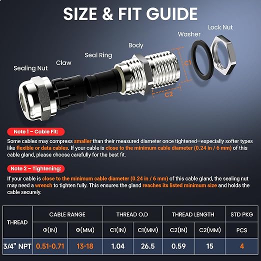 QILIPSU 4pcs 3/4" NPT 304 Stainless Steel Cable Gland Waterproof IP68 Metal - Image 5
