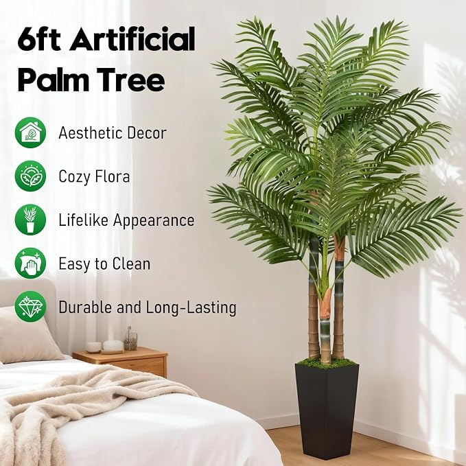 6ft Artificial Palm Tree Indoor Plant，Triple Faux Tropical Areca Floor Plant in - Image 2
