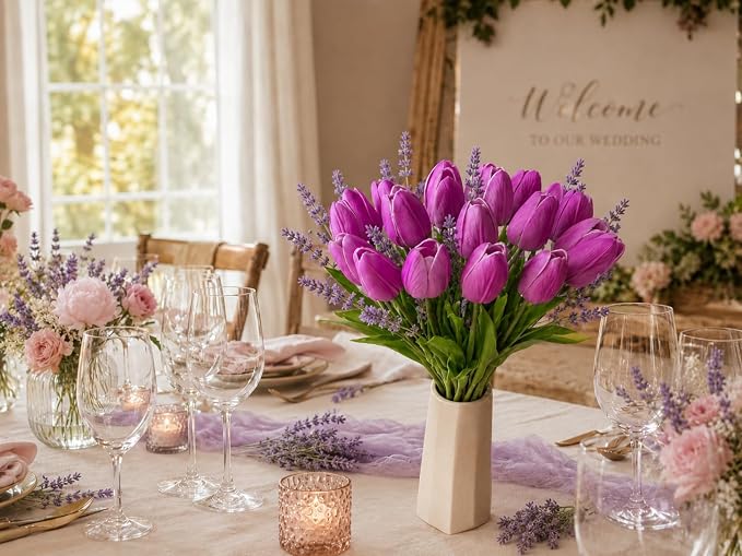 Mandy's 20pcs Artificial Lavender Tulips | 13.5 Inch Lifelike PU Tulips Faux - Image 5