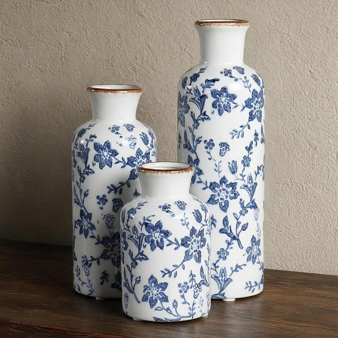 Blue and White Ceramic Vase Set of 3, Vintage Floral Vases by CheeryStow