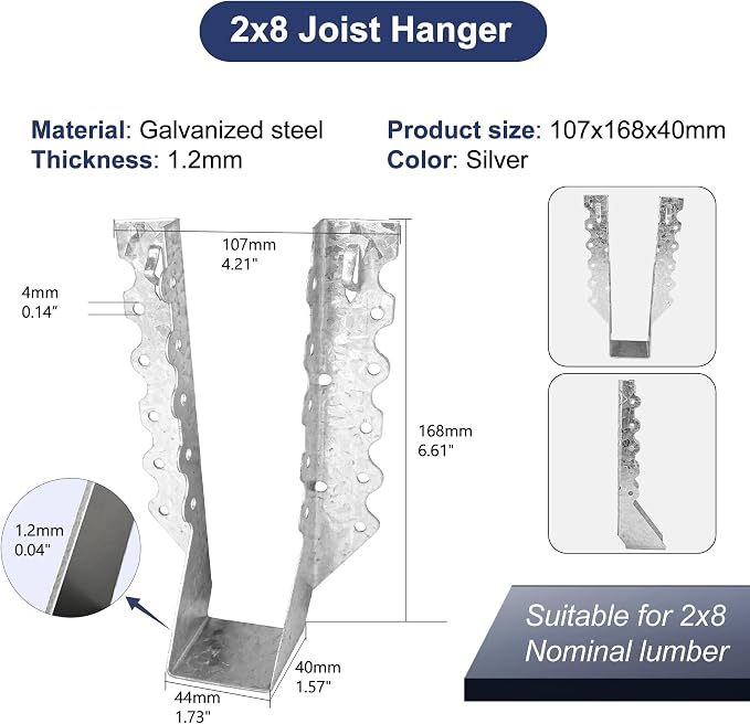 Joist Hangers 2x8 for Wood 18 Gauge Galvanized Face Mount Joist Hanger Bracket - Image 3