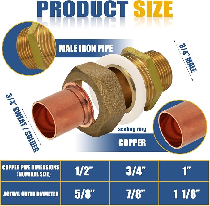 2 Pack 3/4" C x MIP LF Brass Pipe Copper Union Sweat to Male | - Image 2