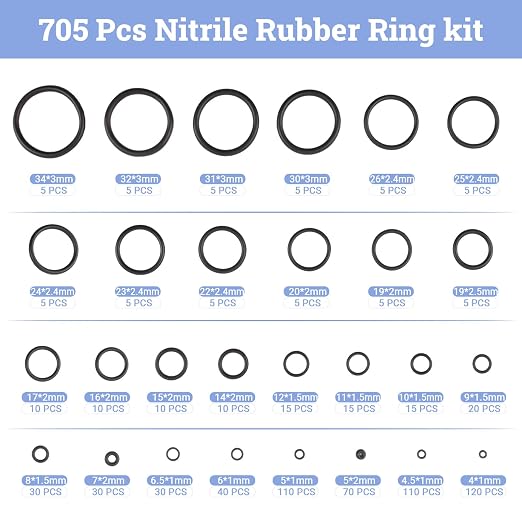 QKP 705Pcs O Ring Kit, 28 Sizes Metric Nitrile Black Rubber O Rings, Oil and - Image 2