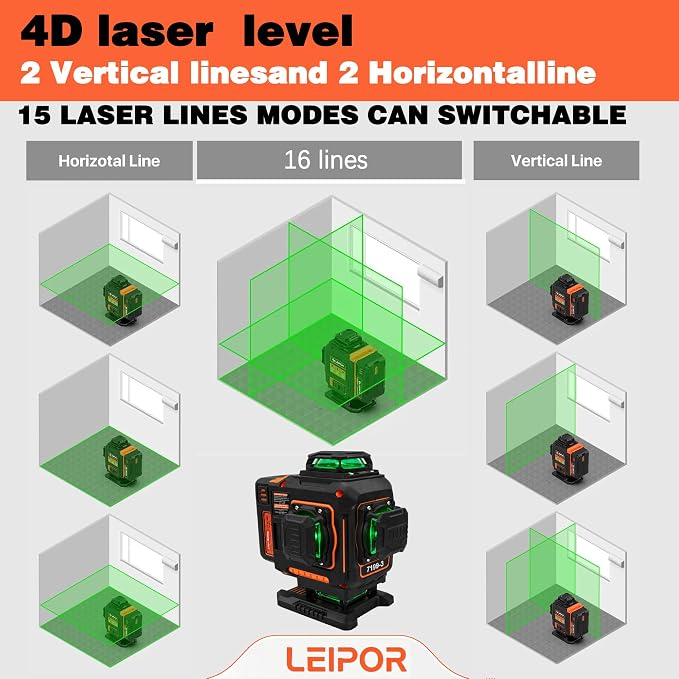 LEIPOR 4x360 Green Laser Level, 16-Line Self-Leveling Kit - Image 2