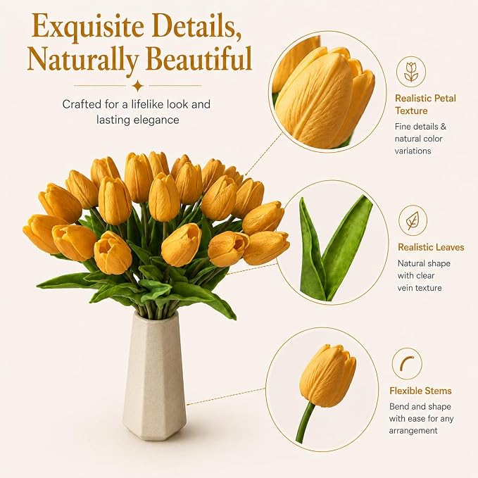 Mandy's 20pcs Artificial Gold Tulips | 13.5 Inch Lifelike PU Tulips Faux Floral - Image 4