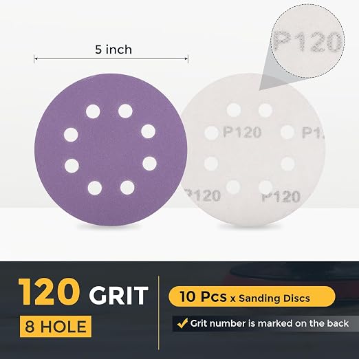 HARFINGTON 10Pcs 5Inch Sanding Disc 8 Hole 120Grit Purple Aluminum Oxide | Hook - Image 2