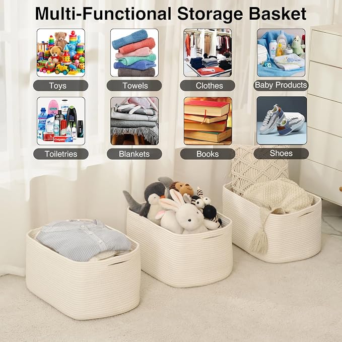 ICERZCZ Large Storage Baskets for Organizing Shelves, Woven Cotton Rope Bins - Image 4