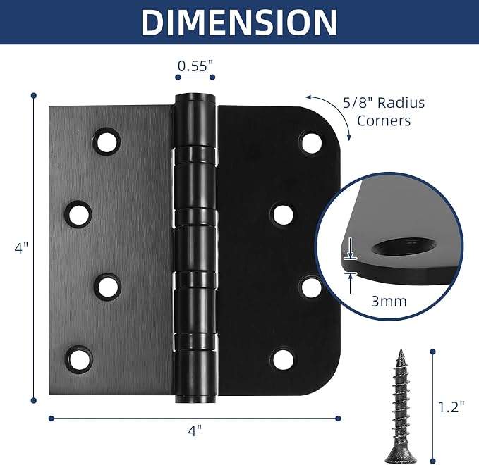 6 Pack Ball Bearing Door Hinges, 4 Inch x 4 Inch Heavy Duty Stainless Steel - Image 3