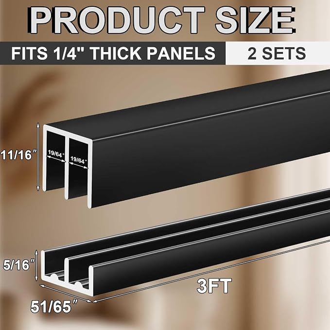 2 Set 3 ft Black Aluminum Sliding Door Track Set - Image 2