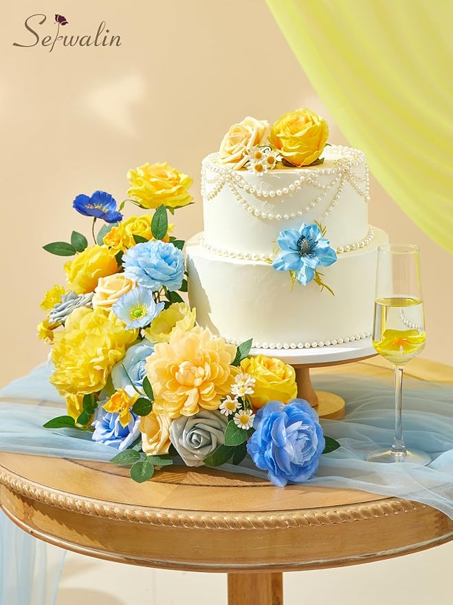Serwalin Artificial Flowers Blue & Yellow Silk Flowers - Image 4