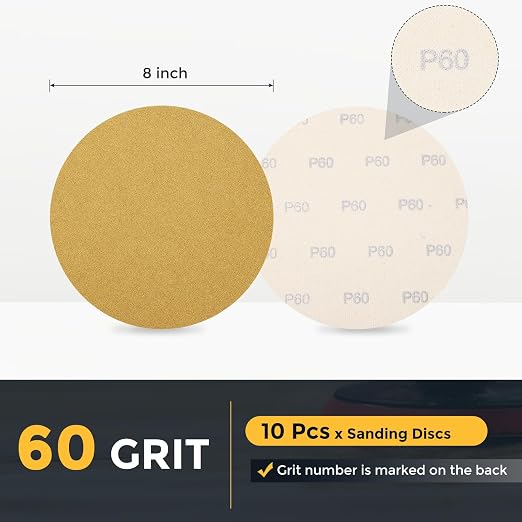HARFINGTON 10 Pcs 8 Inch Sanding Discs 60 Grit Yellow Aluminum Oxide | Hook and - Image 2