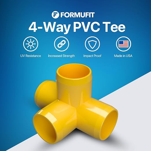 1” 4-Way Tee Furniture Grade PVC Fitting in Yellow, Made in USA, UV-Resistant - Image 2