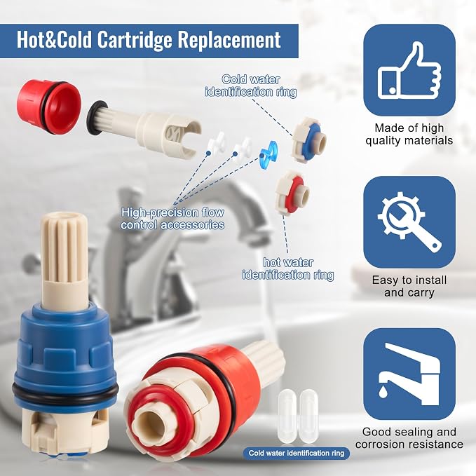 Dreyoo 4 Pack Hot & Cold Bathroom 2-Handle Faucet Cartridge Replacement - Image 2