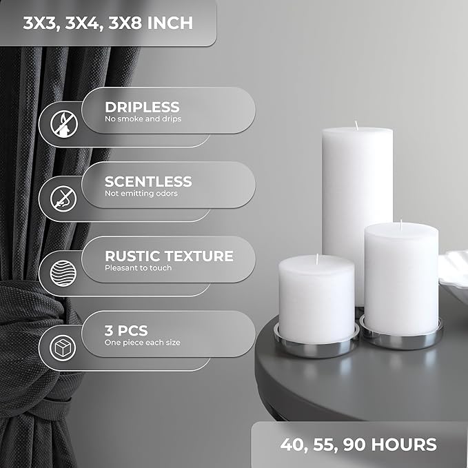 Assorted Pillar Candles Set of 3 – Sizes 3", Rustic Finish - Image 2