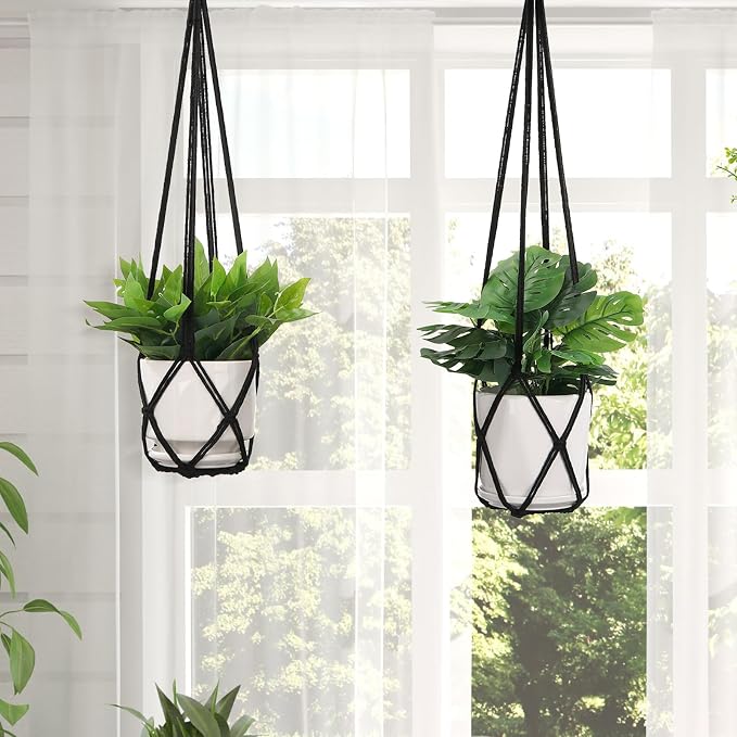 YIBOT Macrame Plant Hanger Indoor 35 Inch Hanging Planter Basket Black 2Pc | - Image 7