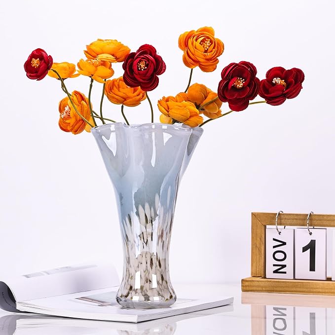 9.0" H Blue White Glass Vases for Flower, Unique Hand Blown Glass Vase | Wide - Image 4