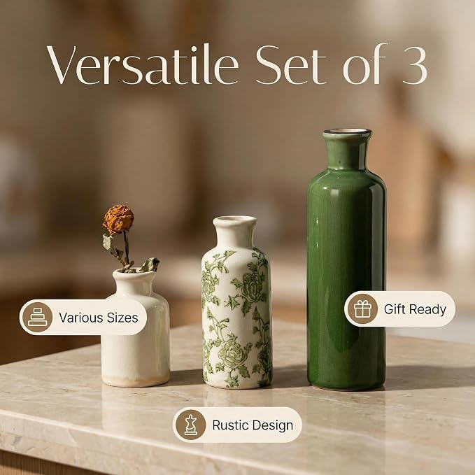 Rustic Ceramic Vase Set of 3, Flower Vases - Image 3