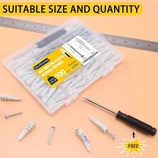 JEGONFRI 100PCS Self-Drilling Drywall Anchors and Screws Kit, Holds 75Lbs | No - Image 4