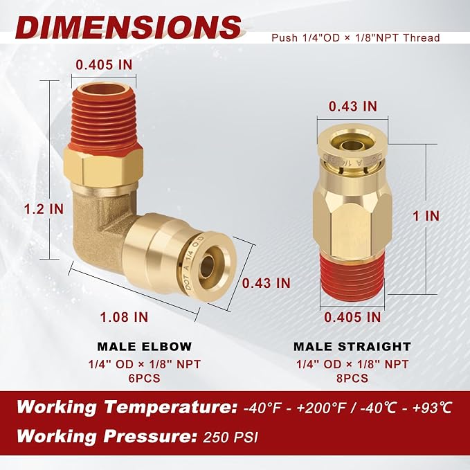 1/4" Tube x 1/8" NPT Male Straight & Elbow Brass Air Fittings Kit, 8 Straight + - Image 5