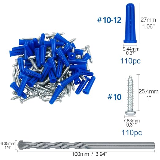 #10-12 Wall Anchors and Screws Kit, 110 Plastic Concrete Anchors and 110 Wood - Image 2