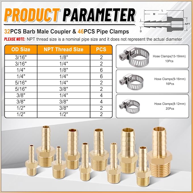 KOOTANS 32PCS Brass Hose Barb Fittings Barb to NPT Male Thread Adapter Kit - Image 3