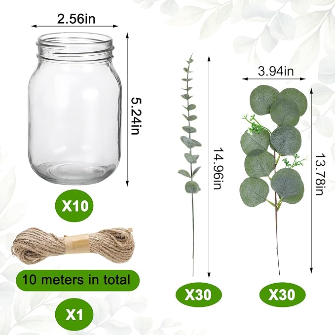 XunYee 10 Set Mason Jars for Centerpieces, Light Green, Eucalyptus | Mason Jar - Image 2
