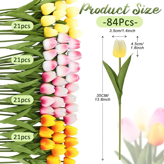 Janinka 84pcs Artificial Tulip Flowers Fake PU Tulips Faux Latex Bouquet Flower - Image 2