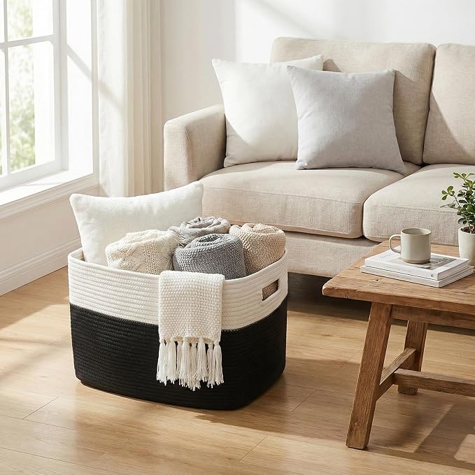 JMvicyroam 65L Large Woven Cotton Rope Blanket Basket, Freestanding - Image 2