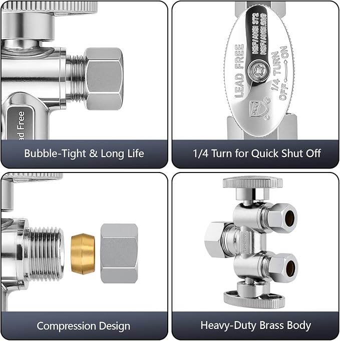 WiseWater 1/2" NOM x 3/8" OD x 3/8" OD Dual Shut Off Valve | Chrome Plated - Image 4