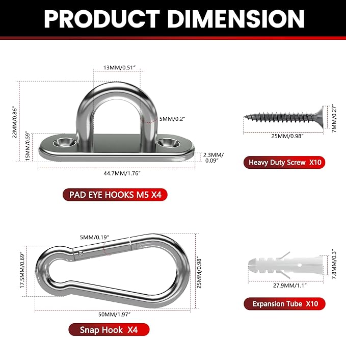 304 Stainless Steel Pad Eye Snap Hook, M5 Ceiling Hook 500Lb, Yoga Gym Equipment - Image 4