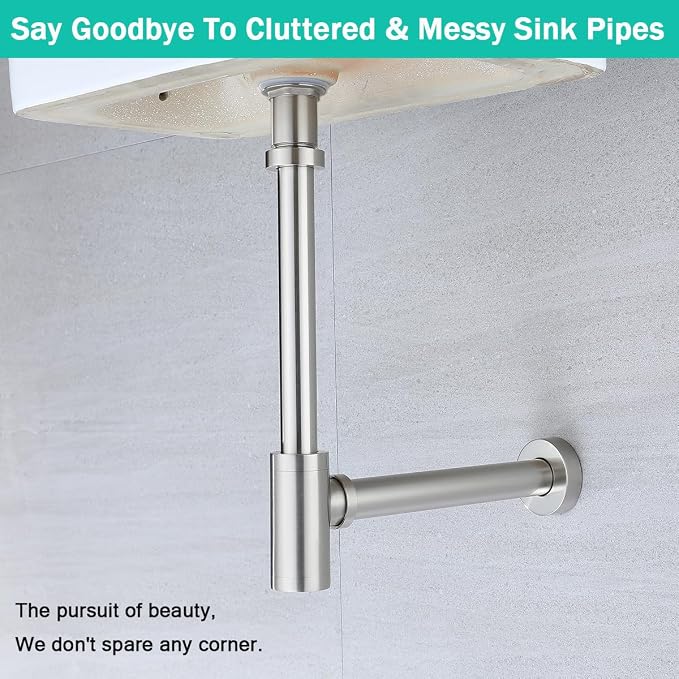 Brass Round Bottle P-Trap with Pop Up Drain Stopper with Overflow, 1 1/4 - Image 4