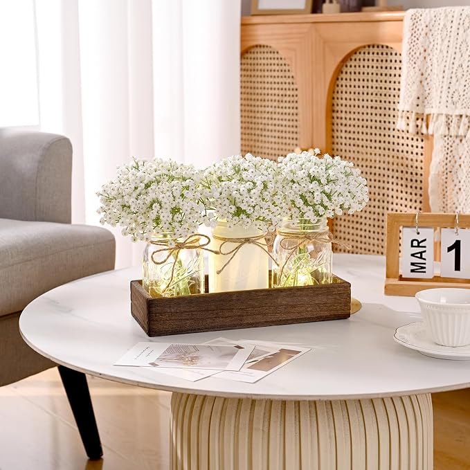 BLEUM CADE 3Pcs Mason Jar with Artificial Flowers Wood Tray and Light | Babys - Image 5