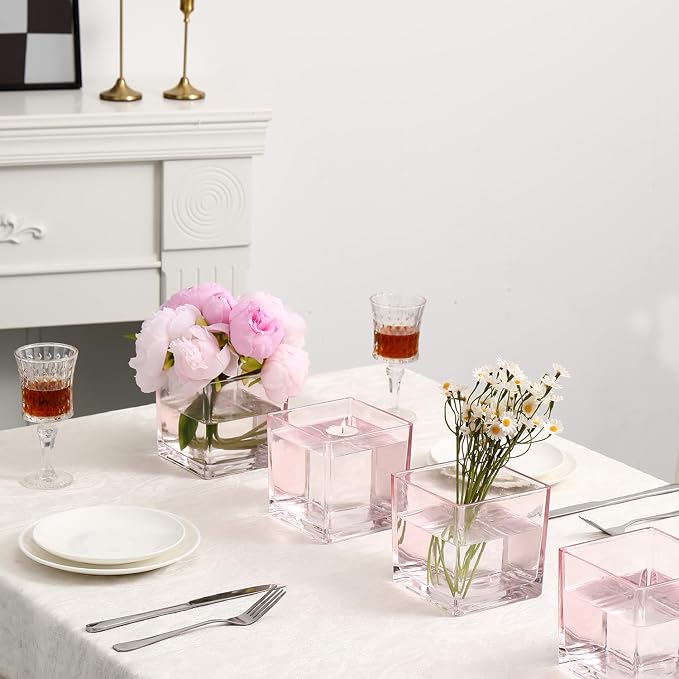 Square Pink Glass Vases Set of 2, Flower Vases - Image 2